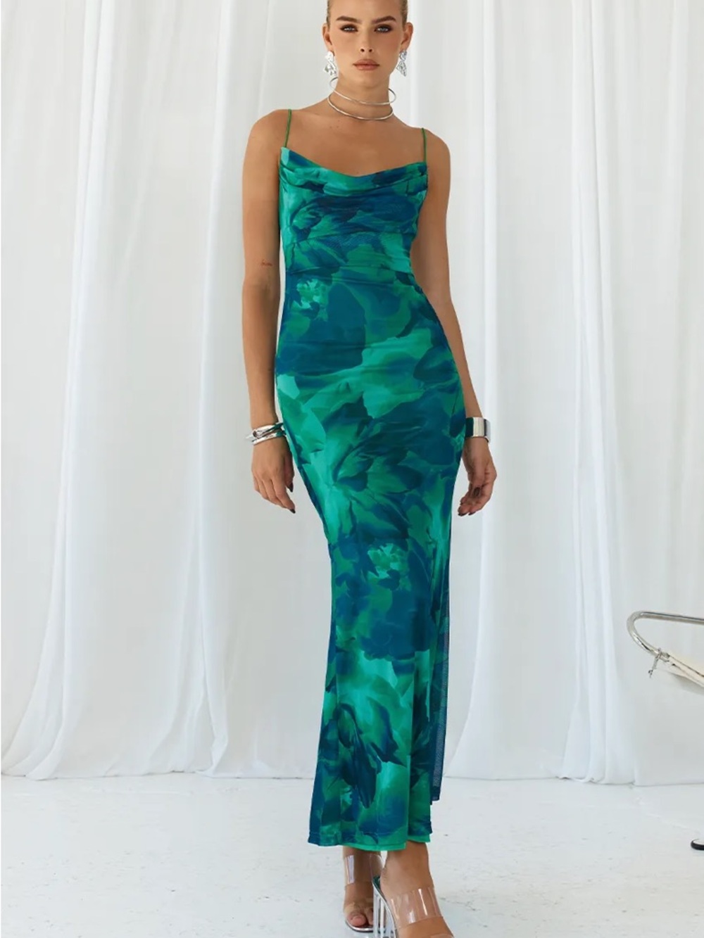 Green Floral Satin Slip Dress with Cowl Neck size XL